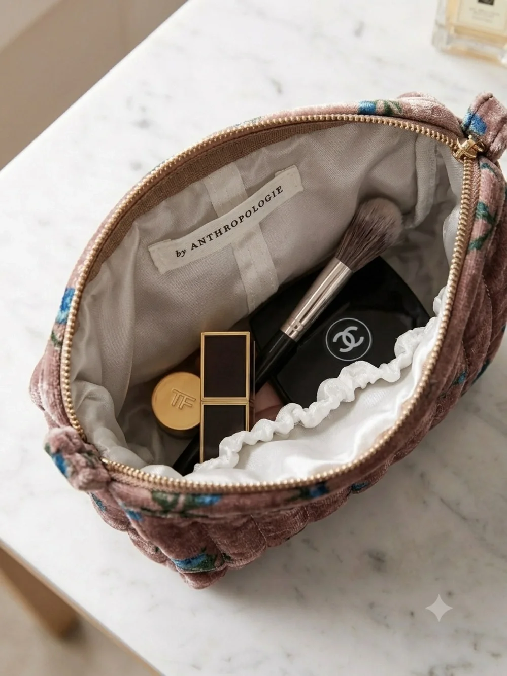 Anthropologie Quilted Velvet Cosmetic Bag
